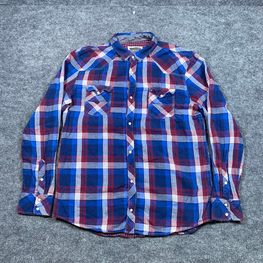 BKE Vintage Mens XL Athletic Fit Plaid Western Pearl Snap Long Sleeve Shirt Blue